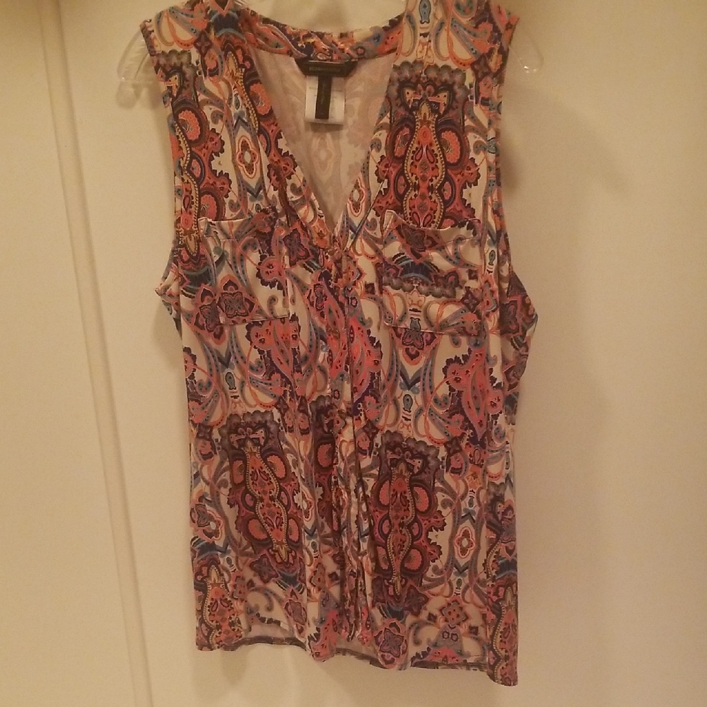 BCBGMaxAzria Orange and Blue Sleeveless V-Neck Tunic Top
